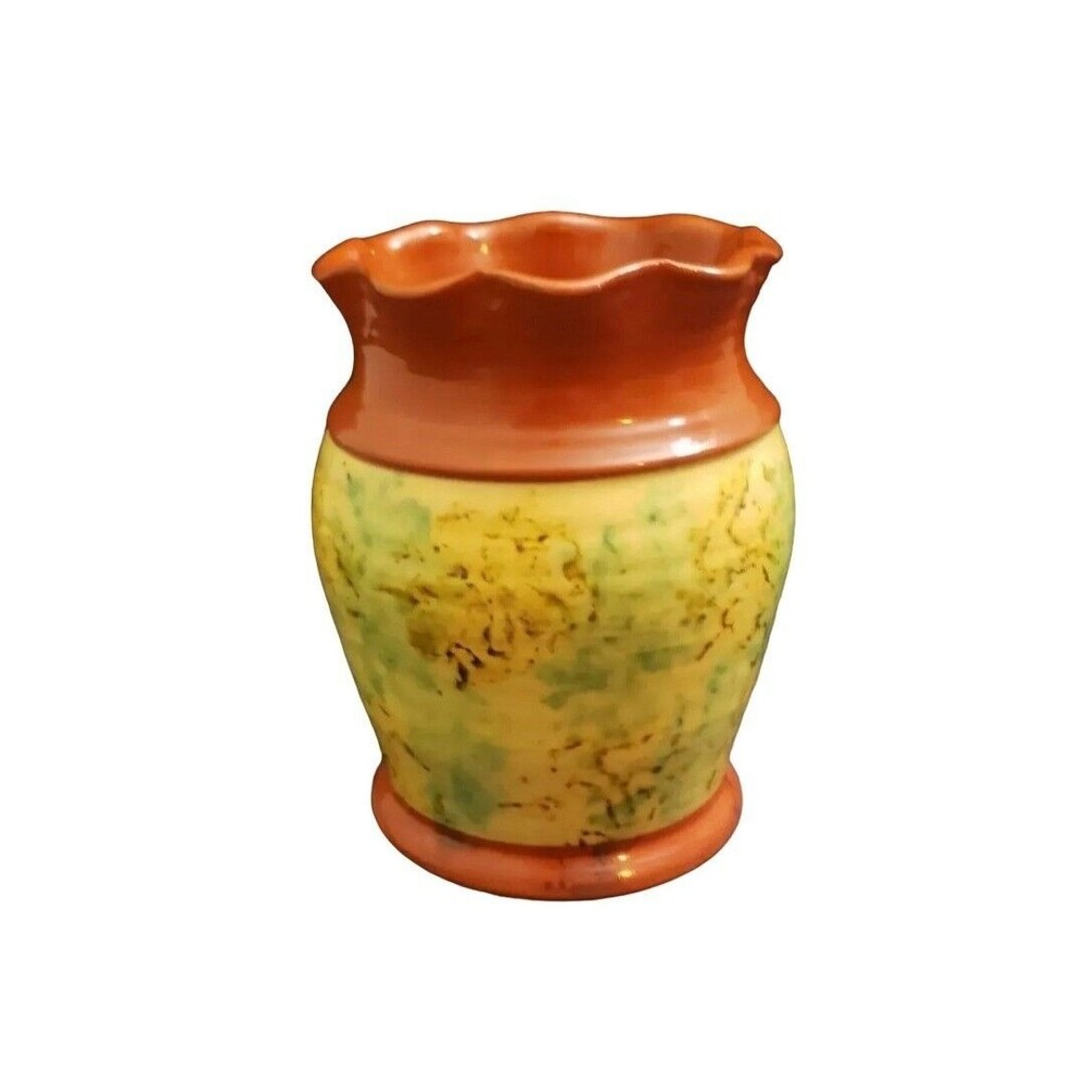 1984 Jeff White  Spongeware Pottery Vase Americana Redware 7" Signed MEL